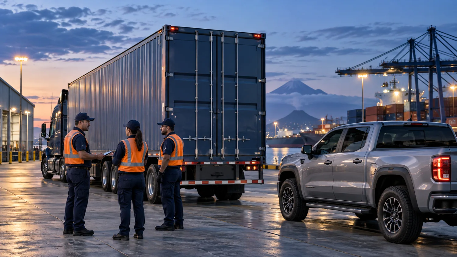Equipo junto a un contenedor cerrado y un vehículo listo para transporte