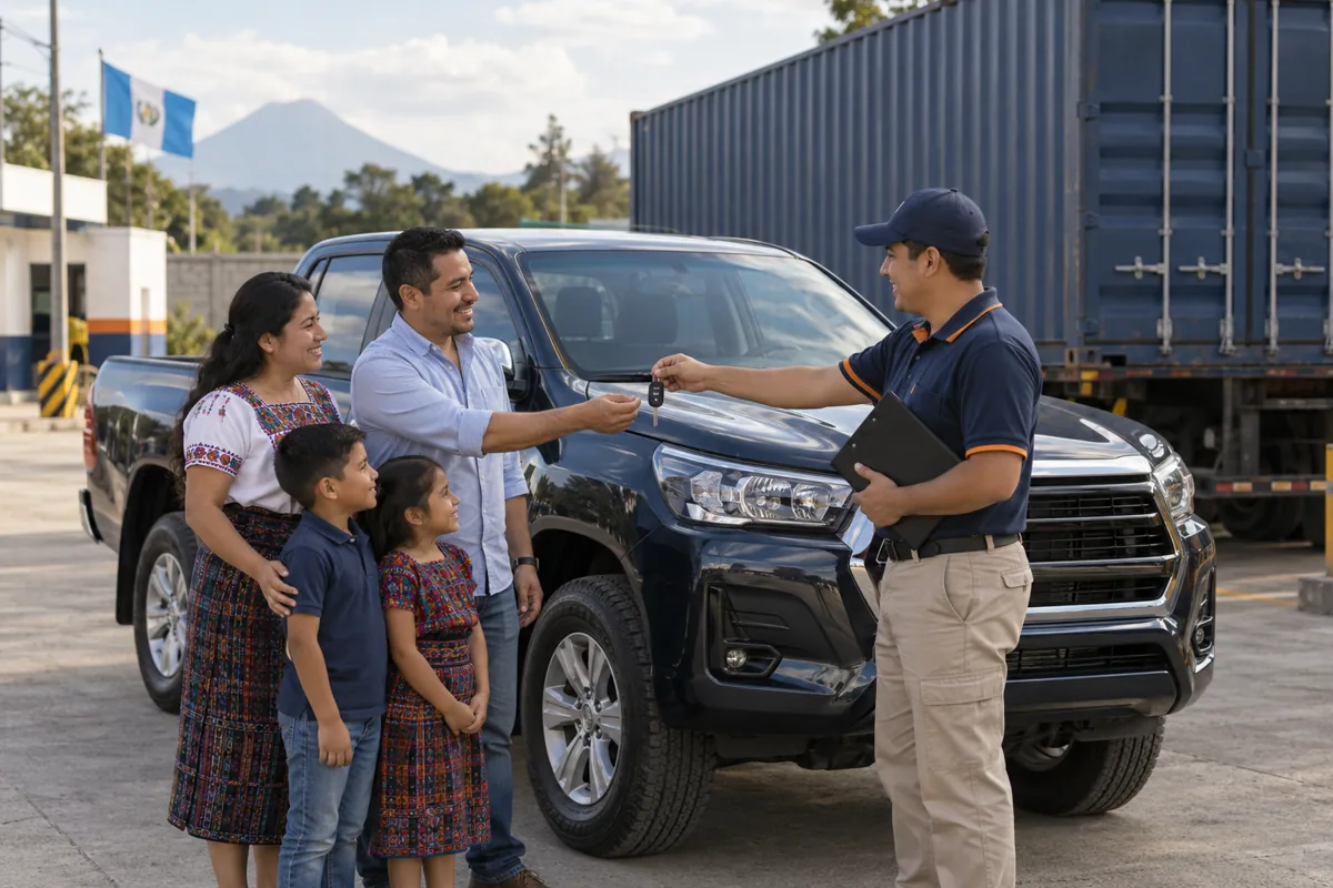 Entrega de llaves de un vehículo transportado a una familia en Guatemala